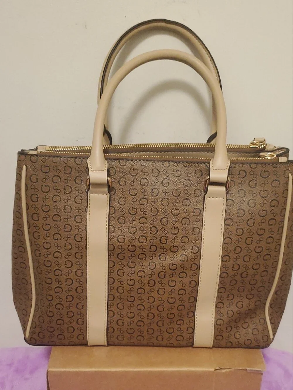 GUESS Brown Monogram Satchel with Cream Trim and Gold Hardware